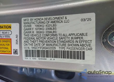 2025 Honda Accord Lx из США, поврежденный, VIN 1HGCY1F24SA022229